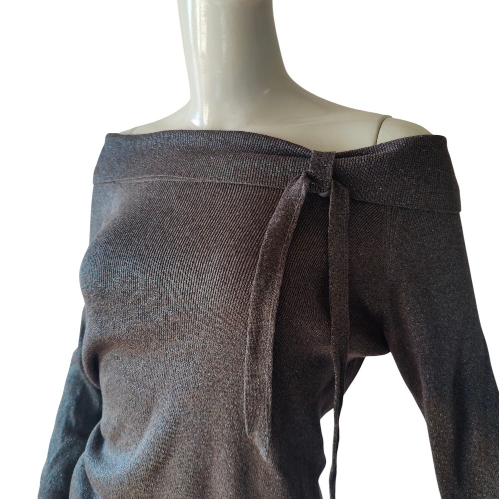 Joseph A Vintage 90s Silk Metallic Off Shoulder Sweater Silver Bow Glam Large - Picture 3 of 6